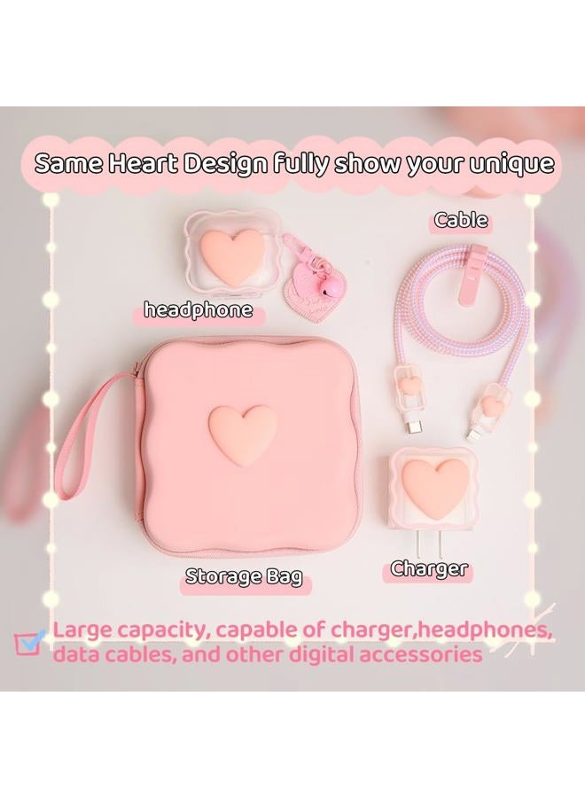 QLD COVER Charger Cover Storage Bag, Lovely 3D Love Heart Waves Design Charger Protector Travel Storage Case, Earphone Wire Saver Cable Cord Organizer Wireless Earphone Storage Box, Pink Love - Image 4