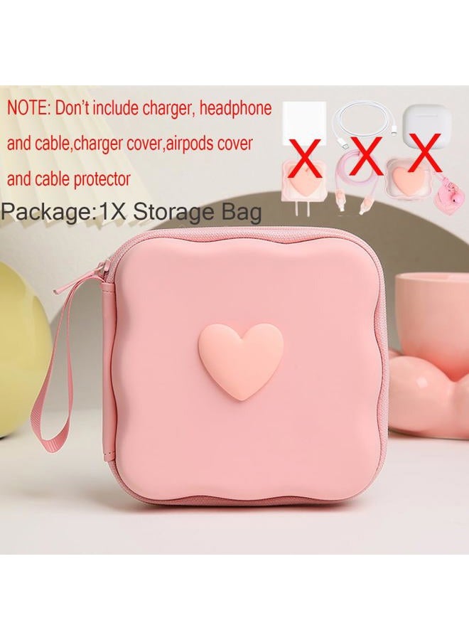QLD COVER Charger Cover Storage Bag, Lovely 3D Love Heart Waves Design Charger Protector Travel Storage Case, Earphone Wire Saver Cable Cord Organizer Wireless Earphone Storage Box, Pink Love - Image 2