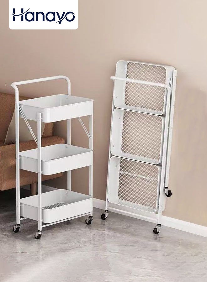 Hanayo 3 Tier Rolling Storage Cart with Wheels Handle Foldable Heavy Duty Utility Cart Multifunction Large Storage Shelves Organizer with Basket  Multifunction Storage Rack Serving Cart for Home or Kitchen(White) - Image 1