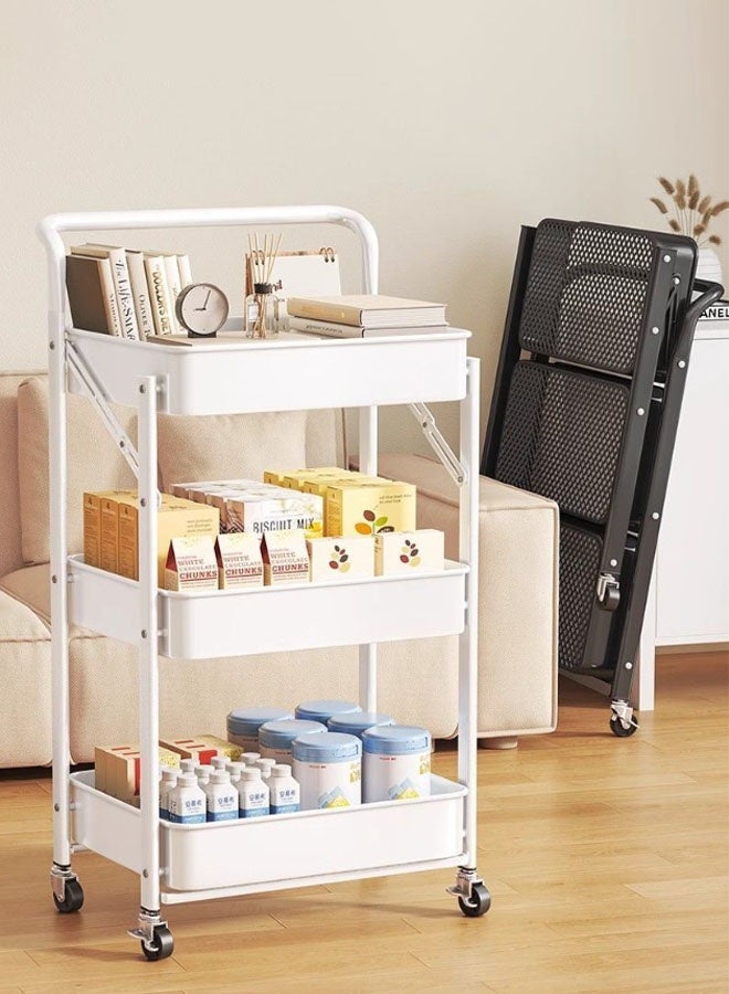Hanayo 3 Tier Rolling Storage Cart with Wheels Handle Foldable Heavy Duty Utility Cart Multifunction Large Storage Shelves Organizer with Basket  Multifunction Storage Rack Serving Cart for Home or Kitchen(White) - Image 2