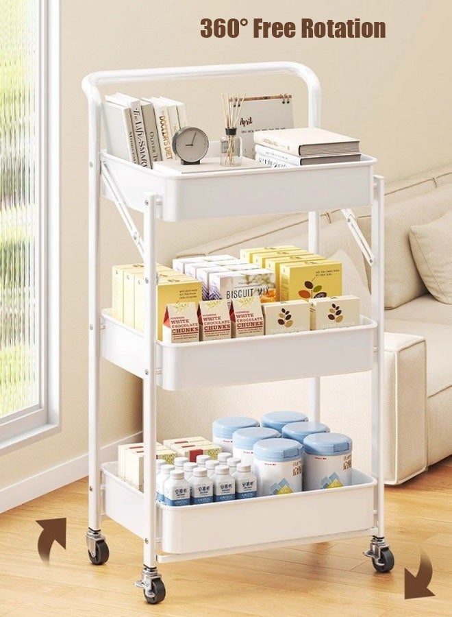 Hanayo 3 Tier Rolling Storage Cart with Wheels Handle Foldable Heavy Duty Utility Cart Multifunction Large Storage Shelves Organizer with Basket  Multifunction Storage Rack Serving Cart for Home or Kitchen(White) - Image 4
