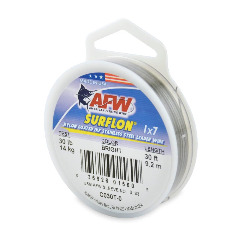 AFW American Fishing Wire Surflon, Nylon Coated 1x7 Stainless Steel Leader Wire, 30 lb Test, .024" Diameter, Bright, 30 ft - Image 1