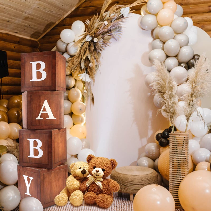 WLMALL Wood Baby Shower Boxes Party Decorations - 4 Wood Grain Brown Blocks with Printed BABY Letters, Gender Reveal Backdrop,Teddy Bear Baby Shower Supplies, First Birthday Centerpiece Decor - Image 5