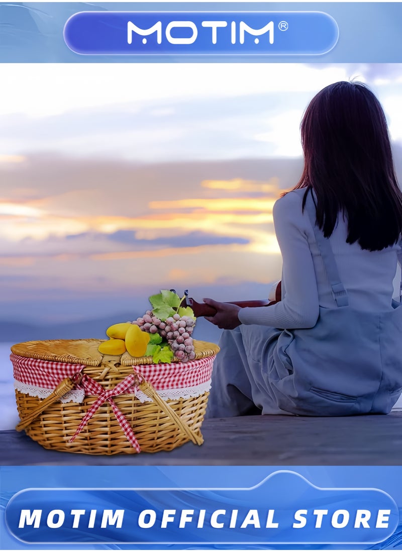 موتيم سلة نزهة بغطاء من الخيزران المنسوج مع بطانة ومقبض قابلين للإزالة، مثالية للنزهات الرومانسية ورحلات الشاطئ والنزهات العائلية  - Image 3