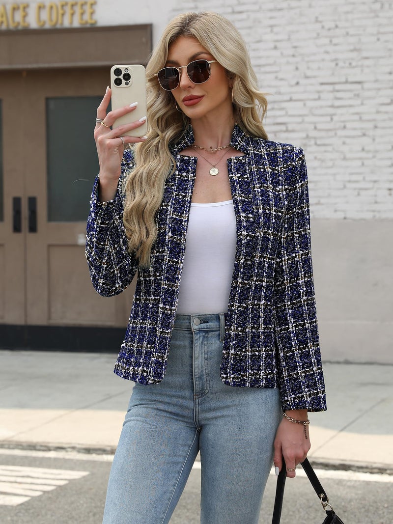 ELLEVEN Womens Blazer Business Casual Suit Jacket Tweed Blazers for Women Slim Fit Fitted Long Sleeve Stand Collar Blazer Dressy Full Lining Coat Cardigan with Padded Shoulder Navy Blue Small - Image 4