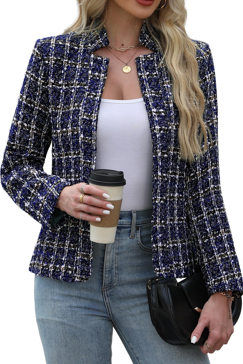 ELLEVEN Womens Blazer Business Casual Suit Jacket Tweed Blazers for Women Slim Fit Fitted Long Sleeve Stand Collar Blazer Dressy Full Lining Coat Cardigan with Padded Shoulder Navy Blue Small - Image 1