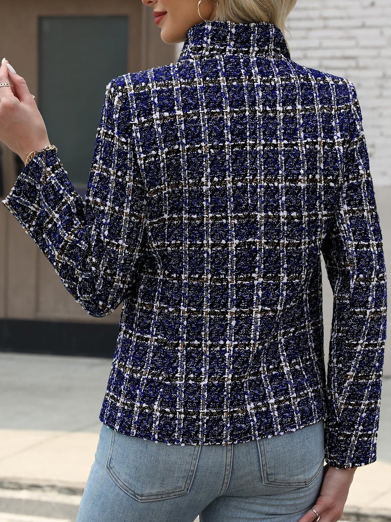 ELLEVEN Womens Blazer Business Casual Suit Jacket Tweed Blazers for Women Slim Fit Fitted Long Sleeve Stand Collar Blazer Dressy Full Lining Coat Cardigan with Padded Shoulder Navy Blue Small - Image 2