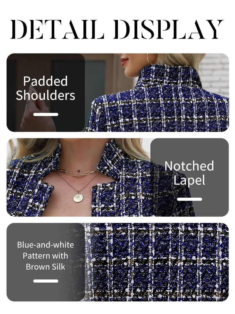 ELLEVEN Womens Blazer Business Casual Suit Jacket Tweed Blazers for Women Slim Fit Fitted Long Sleeve Stand Collar Blazer Dressy Full Lining Coat Cardigan with Padded Shoulder Navy Blue Small - Image 5