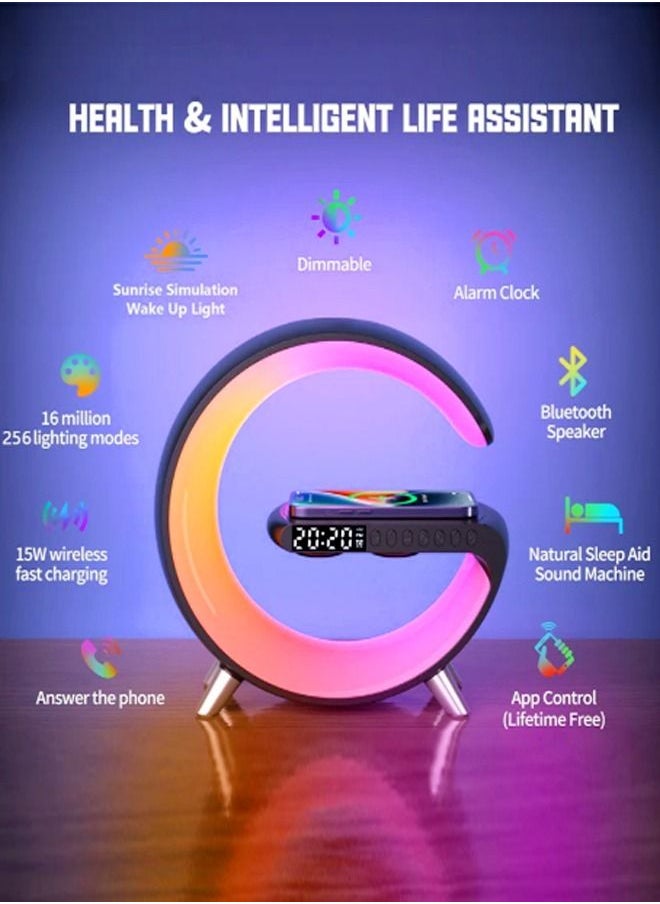 fashionhome - Multifunction Wireless Charger Portable Bluetooth Speaker Alarm Clock Multi Color Intelligent RGB LED with Music Syncing App Control Atmosphere Nightstand Smart Table Lamp for Bedroom - Image 1