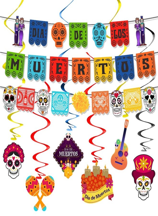 Geluode Mexican Party Decorations 3 Pack Banners and 6 Pack Swirls, Colorful Felt Fiesta Banner, Dia De Los Muertos Decor, Papel Picado Banner, Day of the Dead Decorations - Image 1