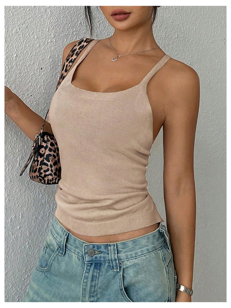 MakeMeChic Women's Tie Open Back Top Knit Backless Spaghetti Strap Going Out Tops Apricot Medium - Image 4