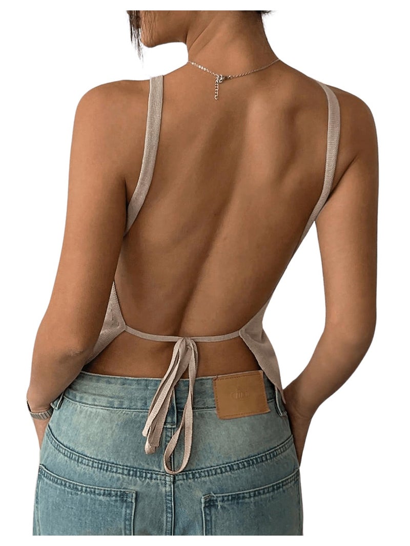 MakeMeChic Women's Tie Open Back Top Knit Backless Spaghetti Strap Going Out Tops Apricot Medium - Image 1