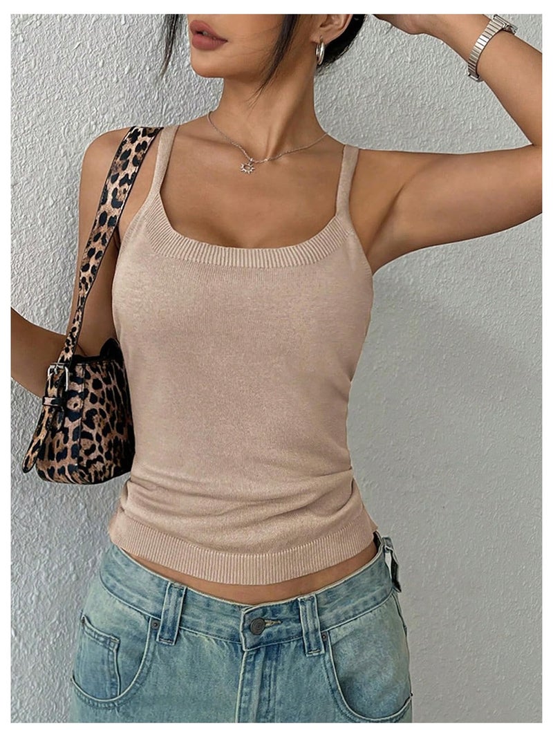 MakeMeChic Women's Tie Open Back Top Knit Backless Spaghetti Strap Going Out Tops Apricot Medium - Image 5