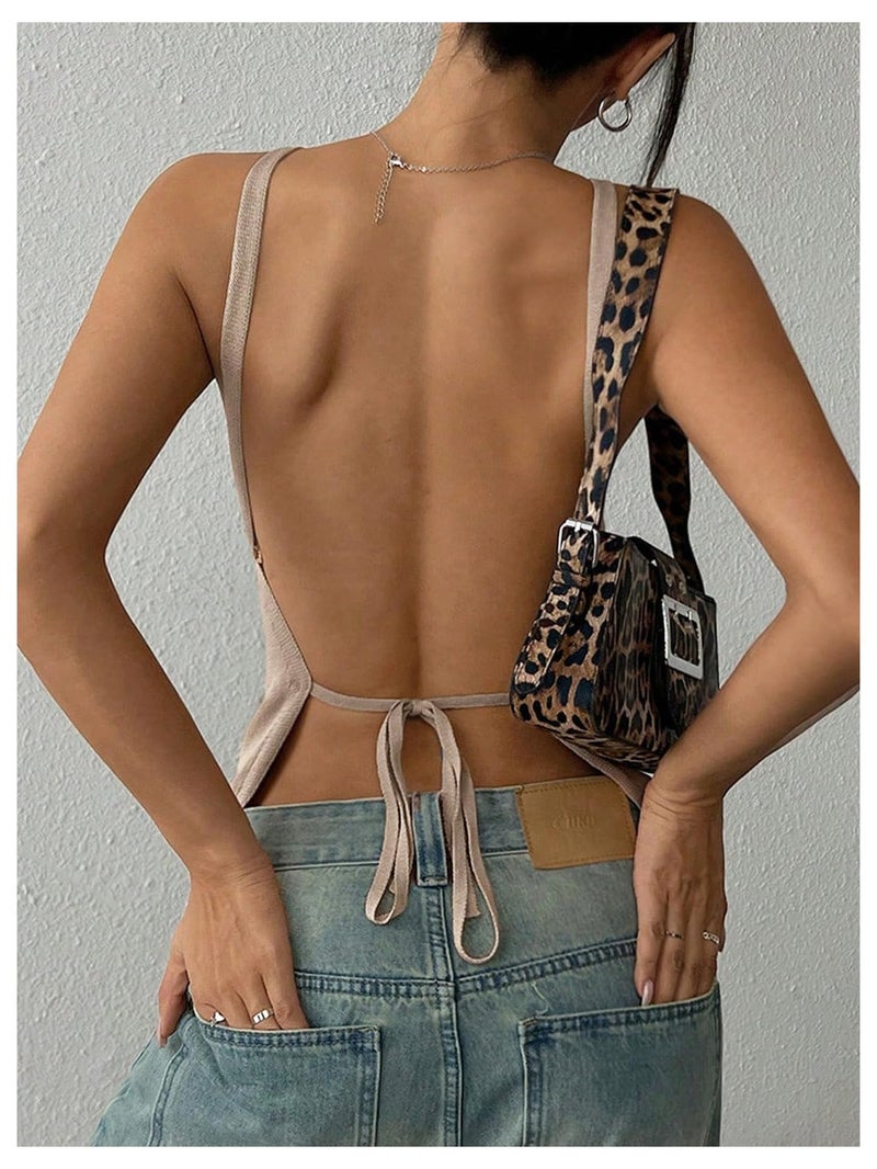 MakeMeChic Women's Tie Open Back Top Knit Backless Spaghetti Strap Going Out Tops Apricot Medium - Image 3