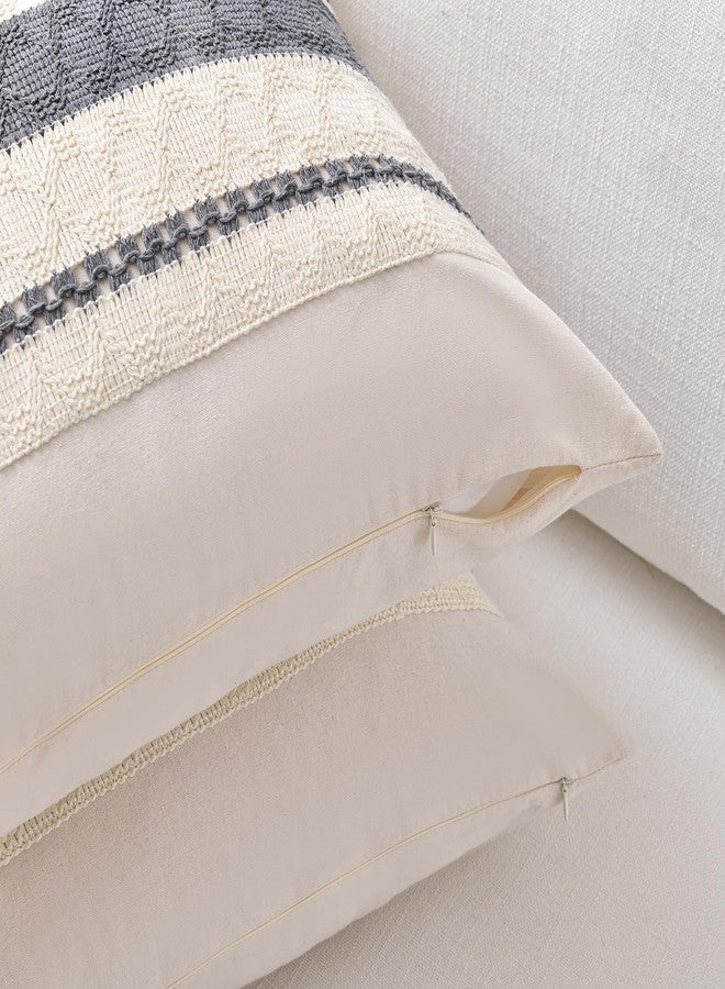 Fancy Homi Set of 2 Neutral Grey Farmhouse Decorative Throw Pillow Covers 16x16 Inch for Couch Bed Chair Indoors, Vintage Country Rustic Retro Room Decor, Soft Thick Cotton Handmade Woven Cushion Case - Image 3