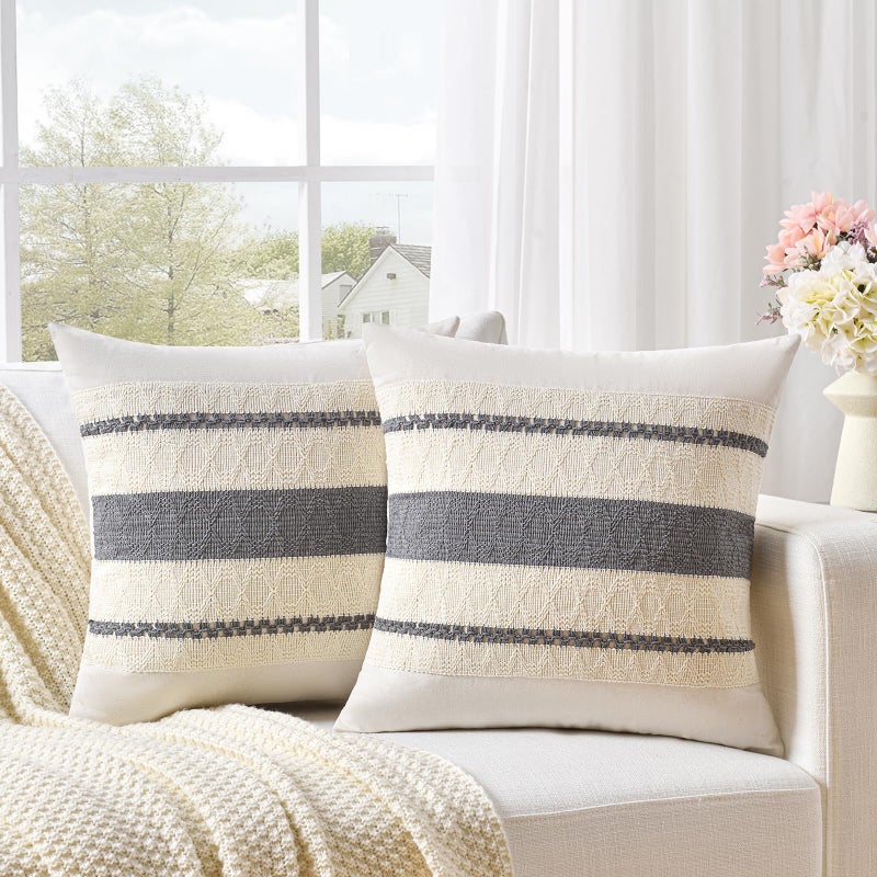 Fancy Homi Set of 2 Neutral Grey Farmhouse Decorative Throw Pillow Covers 16x16 Inch for Couch Bed Chair Indoors, Vintage Country Rustic Retro Room Decor, Soft Thick Cotton Handmade Woven Cushion Case - Image 1