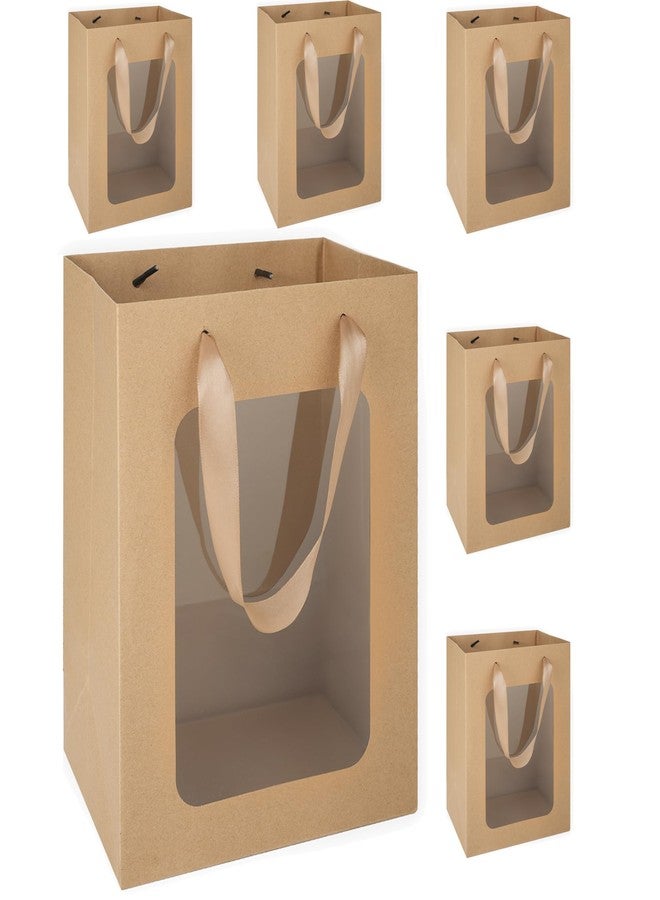 MOXARYSU 6 Pcs Brown Gift Bags with Clear Window: 9.8x5.1x7.1 Inch Medium Kraft Paper Bags with Handle For Party Business Birthday Wedding - Image 1