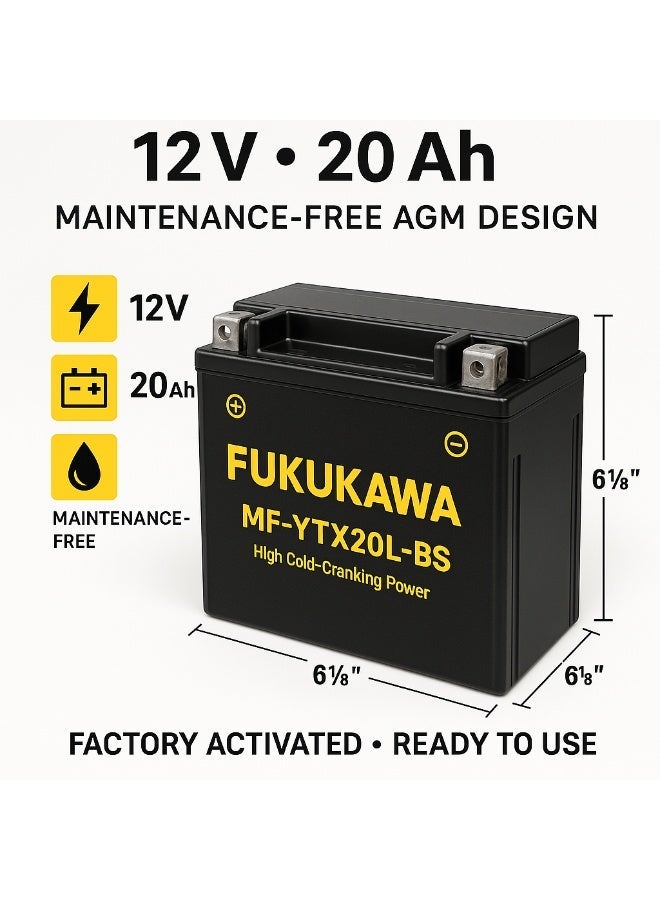 Fukukawa بطارية فوكواكا MF-YTX20L-BS بقدرة 12 فولت و20 أمبير ساعة، خالية من الصيانة بتقنية AGM لمركبات الباور سبورت، لون أسود - Image 5