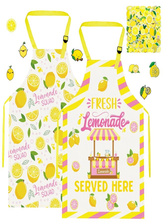 Eclazul Lemonade Lemon Stand Supplies - 2 Pcs Summer Fruit Kids Cooking Aprons with 50 Pcs Cute Stickers Kit Yellow Pink Baking Party Supplies Decorations Decor Accessories for Birthday Baby Shower - Image 1