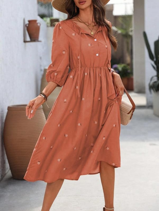 SMOWKLY Cotton Blend Women's Casual Dress Mid-Length Maxi Dress for Woman ||Stylish Frocks for Women ||One Piece Dress for Women || Long Midi Dress for Woman || Party & Beach Wear Orange - Image 3