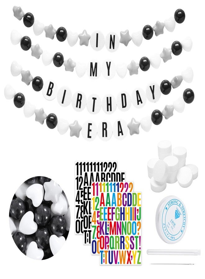 Heopeis DIY Giant Friendship Bracelet Birthday Garland Kit with Letters Ball Customizable Banner for Christmas Wedding Kpop New Year Party Decorations Ball Plastic Balls Stars DIY Supplies(Black/Gray/White) - Image 1