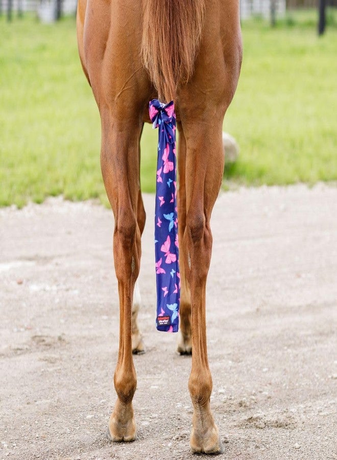  ألترا فلكس حقيبة ذيل UltraFlex Butterfly - طقم من 3 قطع | واقيات ذيل من الليكرا للخيول مع أربطة ذاتية | مثالية للرعي والتحضير للعروض | أزرق داكن مع فراشات وردية وزرقاء | طول 24 بوصة - Image 2