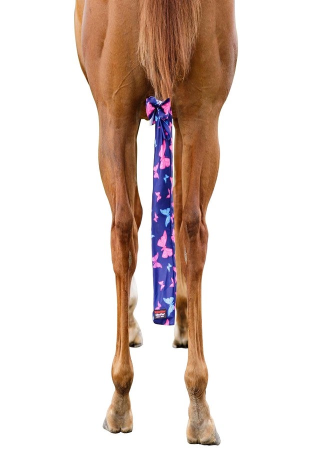  ألترا فلكس حقيبة ذيل UltraFlex Butterfly - طقم من 3 قطع | واقيات ذيل من الليكرا للخيول مع أربطة ذاتية | مثالية للرعي والتحضير للعروض | أزرق داكن مع فراشات وردية وزرقاء | طول 24 بوصة - Image 1
