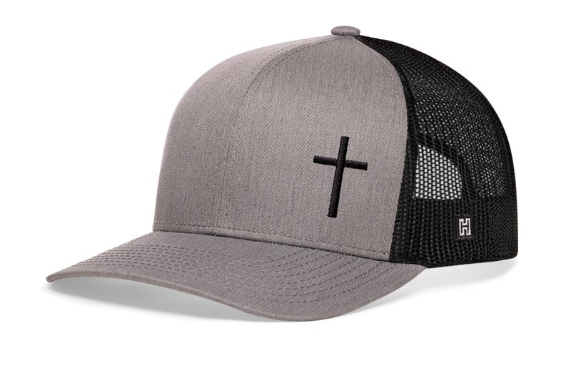 HAKA Corner Cross Gray & Black Trucker Hat â€“ Cross Mesh Snapback Cap for Men, Women & Golf, Christian Design Baseball Dad Hat - Image 1