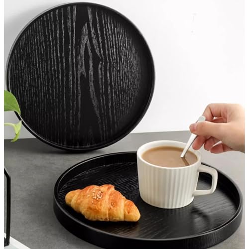 River Round Wood Serving Tray, Solid Wooden Decorative Tray Non-Slip Tea Coffee Table Tray Snack Plate Food Meals Serving Tray with Raised Edges for Home Decor Kitchen Restaurant (8.2inch, Black) - Image 2