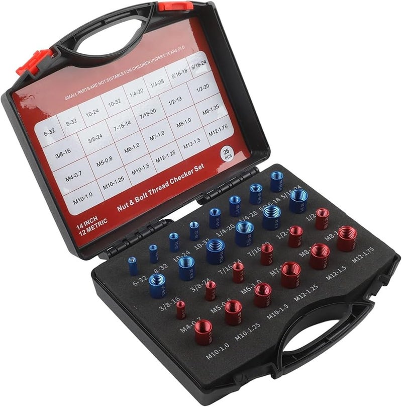 26Pcs Red Blue Black Bolt Thread Gauge Set Metric Imperial Screw Nut Sizing Tool - Image 3