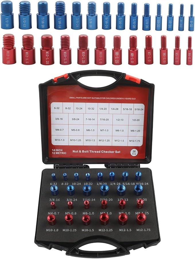 26Pcs Red Blue Black Bolt Thread Gauge Set Metric Imperial Screw Nut Sizing Tool - Image 1