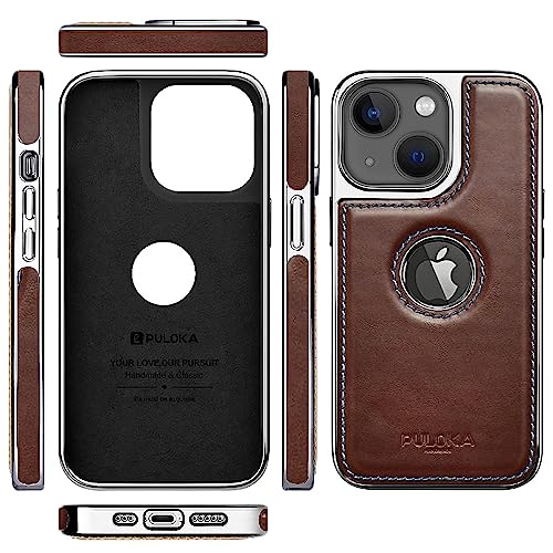 PULOKA Chrome Leather Back Case - Compatible with iPhone 14 - Luxury Bumper Case - Flexible Vegan Leather - Electroplated Sides & Logocut - Full Camera Protetection & Raised Edges - Brown - Image 4