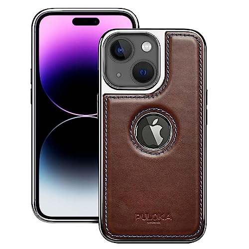 PULOKA Chrome Leather Back Case - Compatible with iPhone 14 - Luxury Bumper Case - Flexible Vegan Leather - Electroplated Sides & Logocut - Full Camera Protetection & Raised Edges - Brown - Image 1