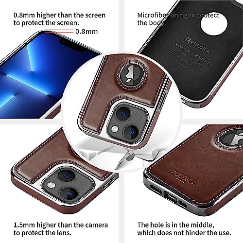 PULOKA Chrome Leather Back Case - Compatible with iPhone 14 - Luxury Bumper Case - Flexible Vegan Leather - Electroplated Sides & Logocut - Full Camera Protetection & Raised Edges - Brown - Image 5