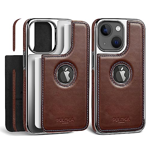 PULOKA Chrome Leather Back Case - Compatible with iPhone 14 - Luxury Bumper Case - Flexible Vegan Leather - Electroplated Sides & Logocut - Full Camera Protetection & Raised Edges - Brown - Image 3