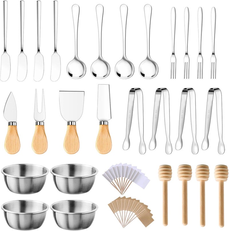 MDSPLPIY 48 Pcs Charcuterie Boards Accessories Butter Spreader Knives Set Stainless Steel Cheese Mini Serving Tongs Spoons Forks Dipping Bowl Toothpick Flags Utensil for Pastry Making Wedding Christmas(Sliver) - Image 1