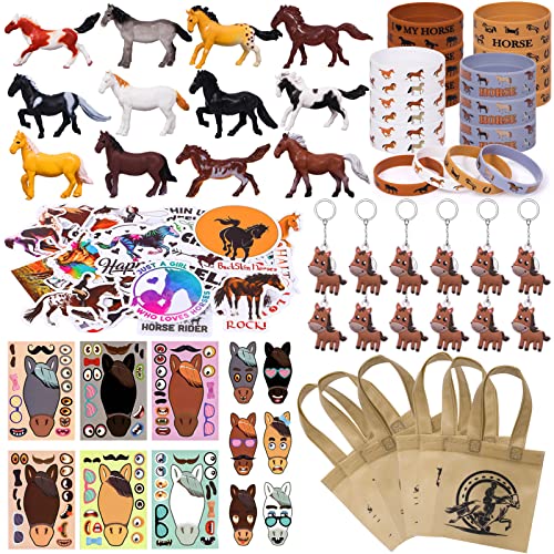 Winrayk 110Pcs Horse Birthday Party Favors Supplies NonWoven Gift Bags Mini Figurines Make Your Own Stickers Gifts Toys Kids Western Cowboy Cowgirl Farm Animals Horse Birthday Party Supplies Decor - Image 1