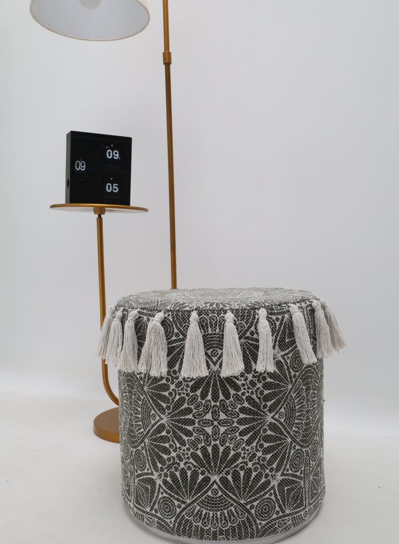Ramsha Cotton Printed Dark grey a Color Decor Pouf with Tassel seating pouf stool – PF-175 pouf for living room  - Image 1