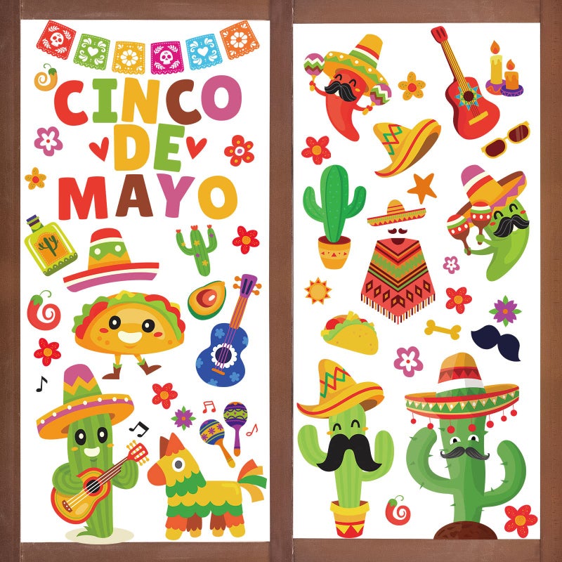 Whaline Whaline Mexican Fiesta Party Window Clings Cinco De Mayo Window Decals Reusable Cactus Guitar PVC Sticker for Carnival Home Office Window Glass Mirror Decoration Supplies 9 Sheet 