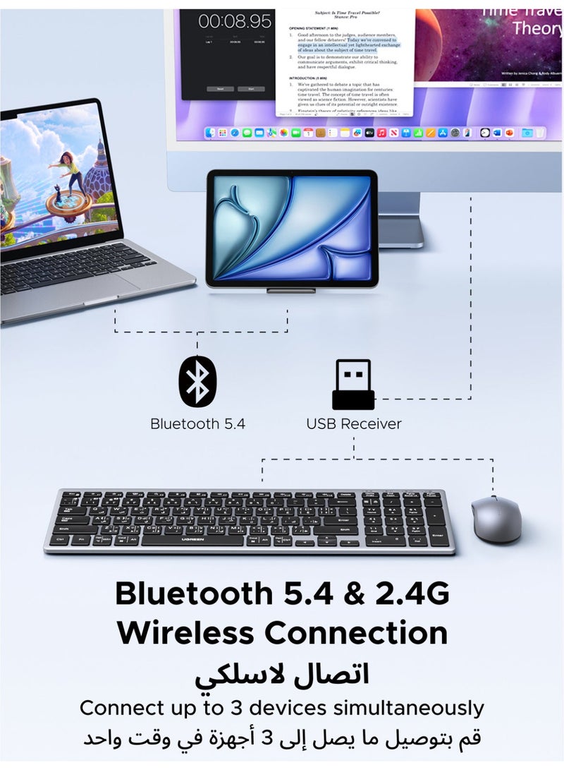 Ugreen Wireless Mouse & Keyboard Combo Dual Mode Connection EN & AR Input Bluetooth 5.4 Mice Low Latency Rechargeable & Long Battery Life Adjustable DPI Suitable for Mac Os And Windows Grey - Image 3