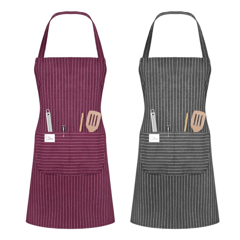 Vicloon Unisex Adjustable Bib Apron 2 Pcs Apron with 2 Pockets Cooking Kitchen Chef Aprons Women Men Aprons for Home Kitchen Restaurant Coffee house Wine RedGrey