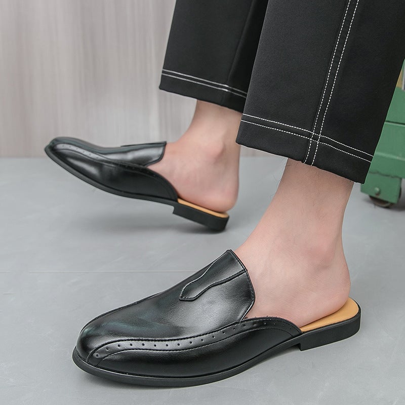 Men'S Casual Fashion Half-Slip Leather Shoes Large Size Heelless Loafers Trendy Slip-On Slippers - Image 3