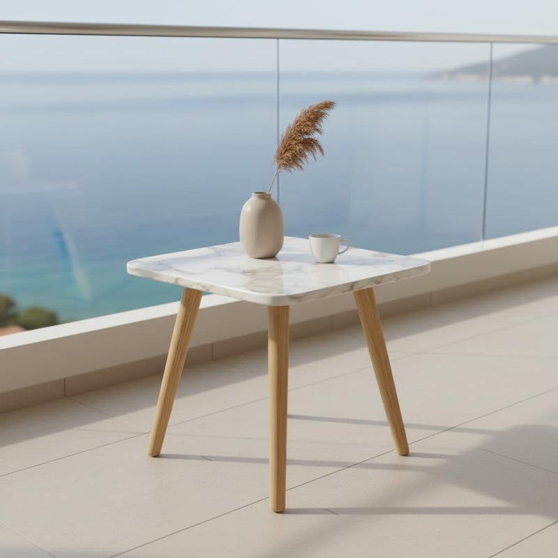 FendiHomModern Square Wooden Side Table with 3 Color Options (Natural Oak, Classic White, Elegant Gray) – Small Accent Table for Living Room, Bedroom, or Office (White Marble) - Image 1