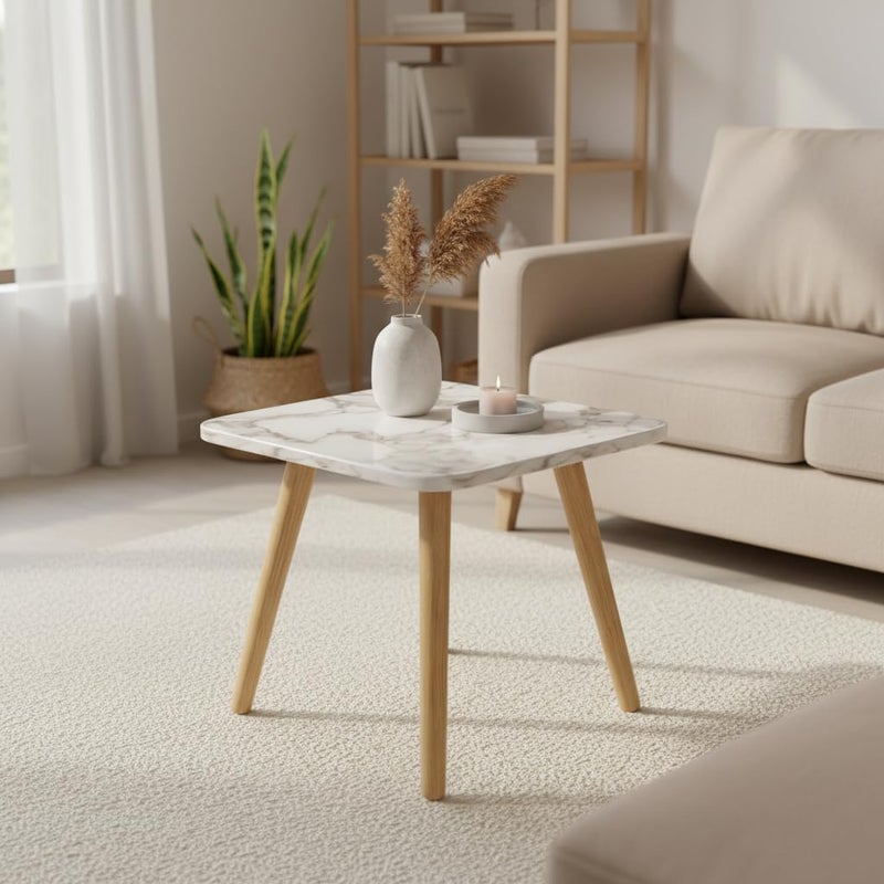 FendiHomModern Square Wooden Side Table with 3 Color Options (Natural Oak, Classic White, Elegant Gray) – Small Accent Table for Living Room, Bedroom, or Office (White Marble) - Image 2
