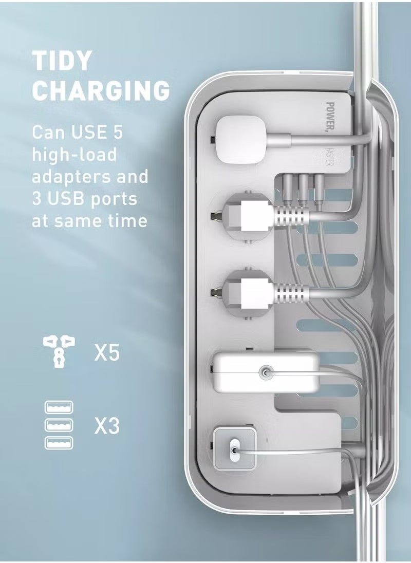 LDNIO - 3-in-1 Power Extension Cord and Cable Management Box, 5 Universal Outlets 3 USB with Tablet Stand 2M Cables Power Strips, Elegant Organizer Box for Child and pet Protection, and Stylish Desktop - Image 1