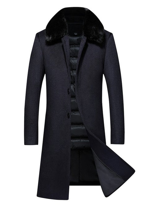 Men's Down Woolen Casual Coat With Detachable Fur Collar And Down Inner Lining Long Jacket Overcoat Navy Blue
