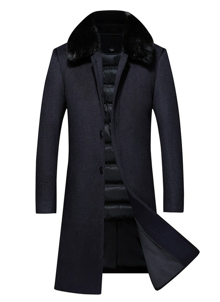 Loquat - Men's Down Woolen Casual Coat With Detachable Fur Collar And Down Inner Lining Long Jacket Overcoat Navy Blue - Image 1
