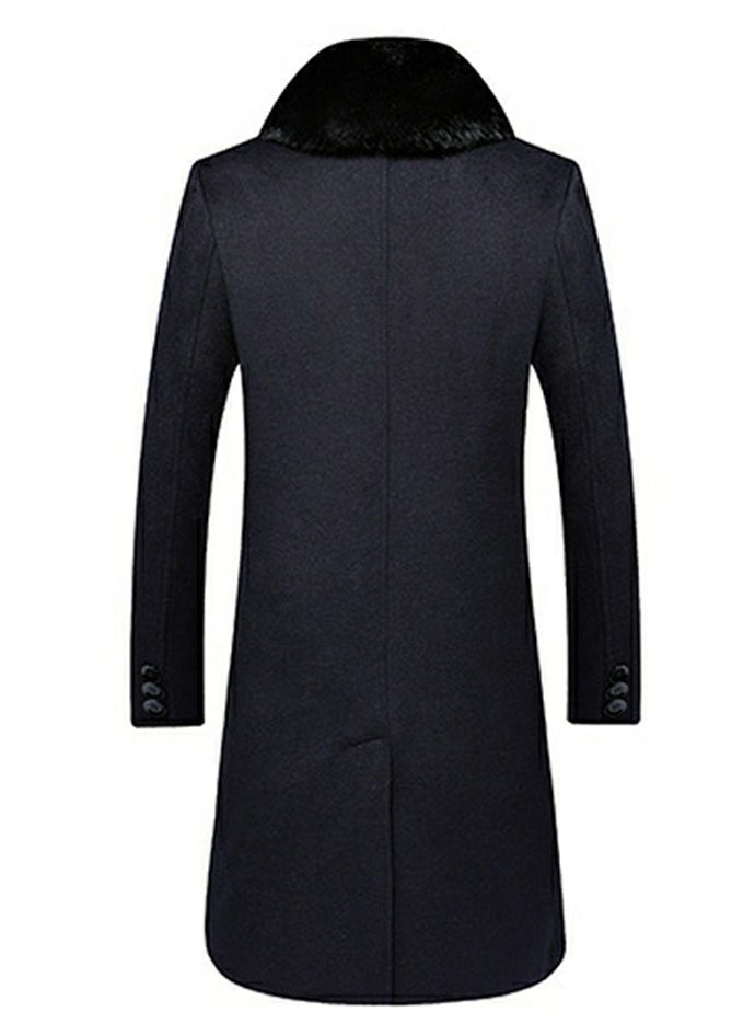 Loquat - Men's Down Woolen Casual Coat With Detachable Fur Collar And Down Inner Lining Long Jacket Overcoat Navy Blue - Image 1