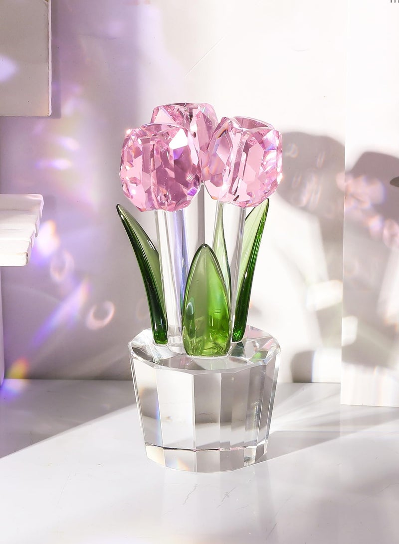 SYOSI Pink Crystal Tulips Flower Figurines  with Vase Glass Flower Bouquet Collectible Figurines Office Home Decor Ornaments Tulip Gifts for Girl Mom Bestfriend Valentines Wedding Anniversary - Image 3