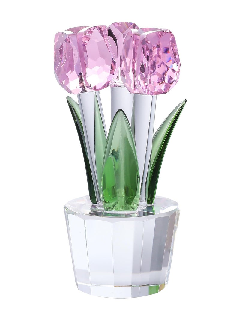 SYOSI Pink Crystal Tulips Flower Figurines  with Vase Glass Flower Bouquet Collectible Figurines Office Home Decor Ornaments Tulip Gifts for Girl Mom Bestfriend Valentines Wedding Anniversary - Image 1